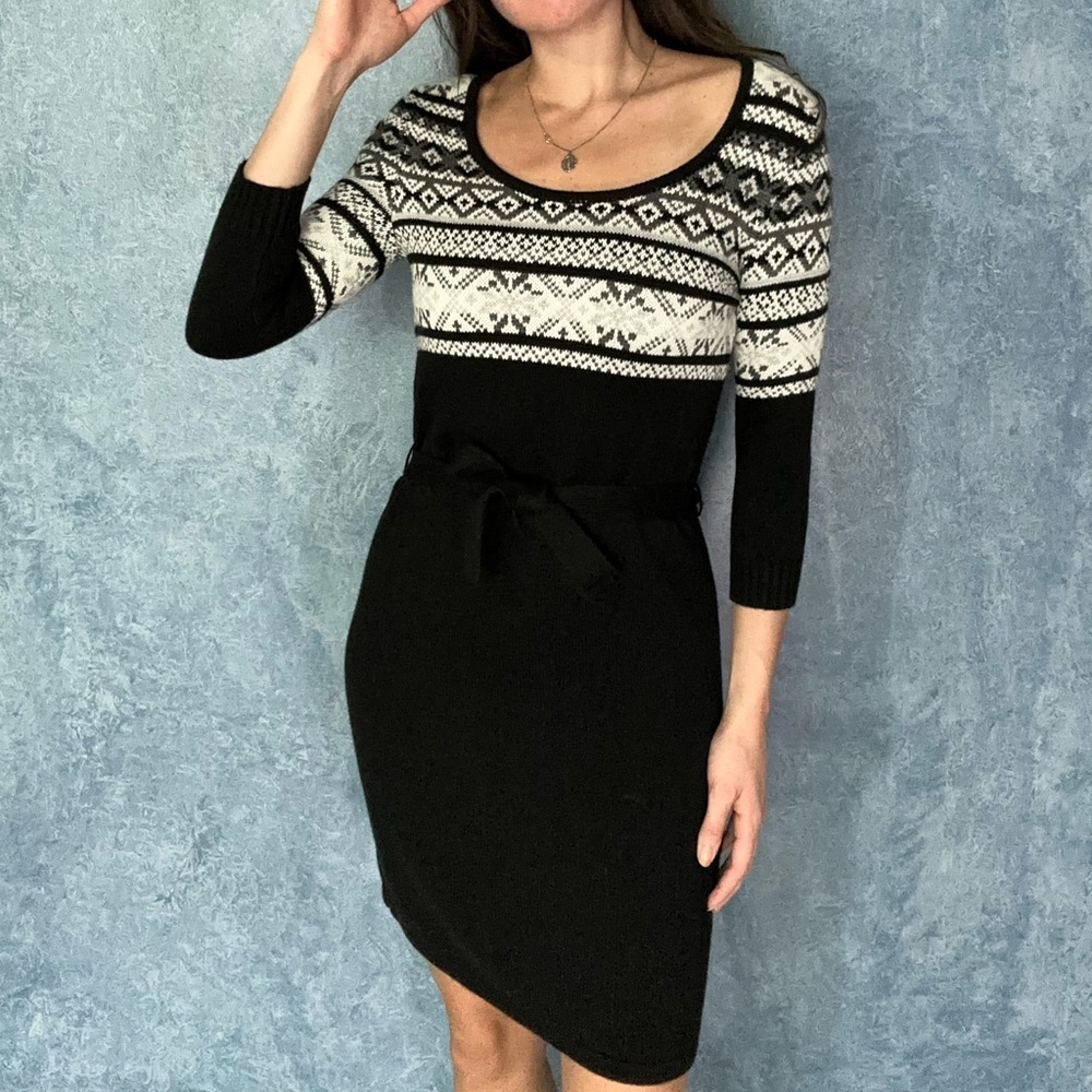 Spense Black Belted Fair Aisle Sweater Dress